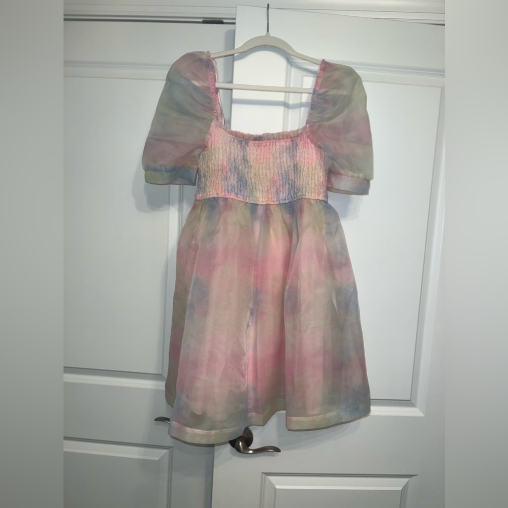 TCEC Pastel Tie-Dye Puff Sleeve Mini Dress - Pink, Blue, Green